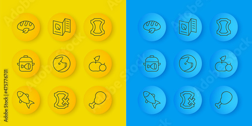 Set line Fish, Cooking pot and chicken leg, Pig, Chicken, Apple, Vegan bread loaf, Leather and Vegetarian food menu icon. Vector