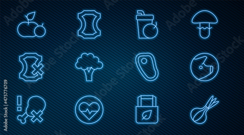Set line Onion, Pig, Fresh smoothie, Broccoli, No leather, Apple, Steak meat and Leather icon. Vector