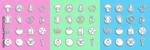 Set line Carrot, Cookie or biscuit, Eggplant, Avocado fruit, Steak meat, Leather, Mushroom and Rabbit icon. Vector