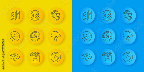 Set line Vegan bread loaf, Heart rate, food diet, Pig, Broccoli, Vegetarian menu, No meat and leather icon. Vector