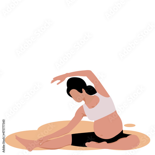 Pregnant woman doing yoga. No face woman Pregnant yoga pose in Asanas yoga pose on white background.Vector isolate flat design concept for exercising during pregnancy is good for mum and baby.