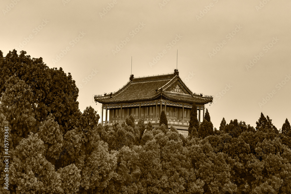 Monochrome pictures of ancient buildings at the beginning of the Great Wall