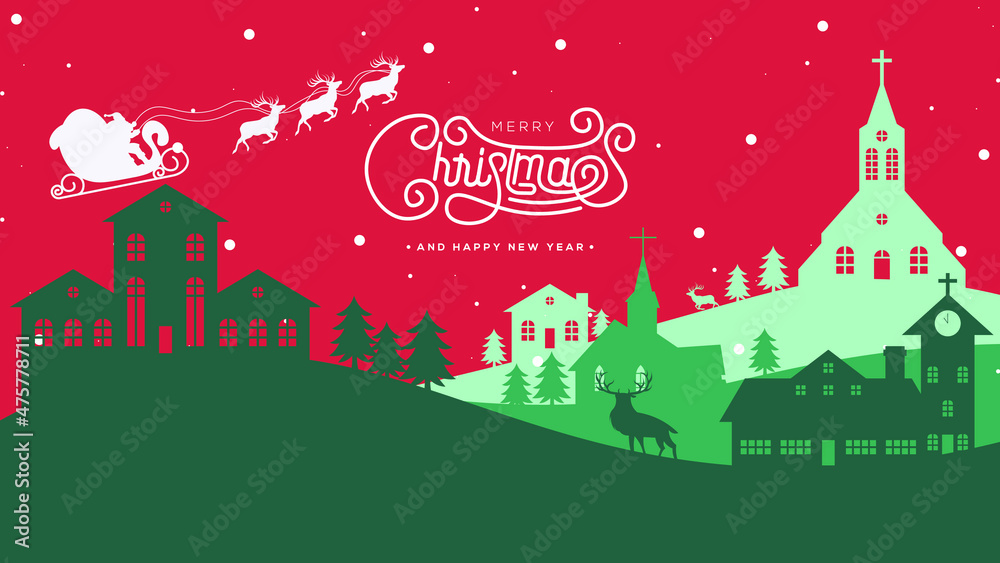 Merry Christmas Background Vector Illustration with paper art and craft style, Santa Claus Reindeer Sleigh, and silhouette of house, church, pine tree. Suitable for posters, flyers, greeting cards. 