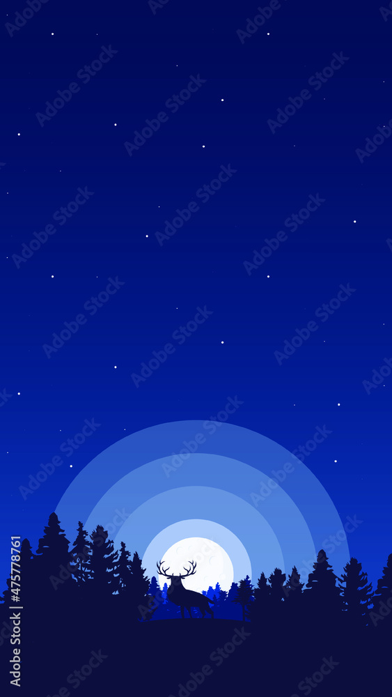 Naklejka premium Starry night with full moon Background Vector Illustration with copy space and reindeer silhouette standing on a hill in the middle of pine forest. Travel, camping, outdoors, and adventure concept. 