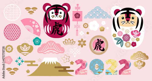 Happy japanese new 2022 year, year of the Tiger. Japanese characters translation: 