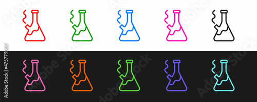 Set line Glass bong for smoking marijuana or cannabis icon isolated on black and white background. Vector