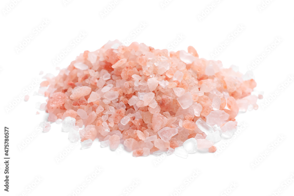 Heap of pink Himalayan salt on white background Heap of pink Himalayan salt on white background