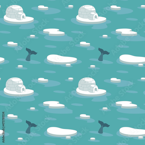 Fotografering Seamless pattern, arctic ocean, snow house and ice floes