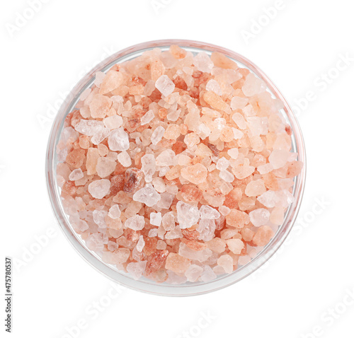 Pink Himalayan salt in glass bowl isolated on white, top view