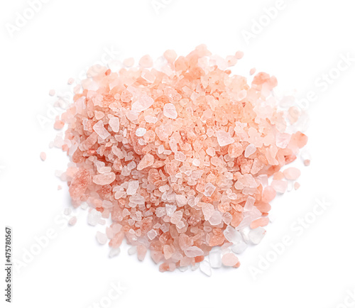 Heap of pink Himalayan salt on white background  top view