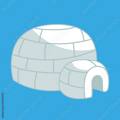 A cute igloo house made of ice and snow blocks and bricks. Cheerful children's art on cards, clothes. Vector color illustration.