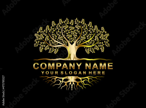 Tree and roots logo illustration with gold colors. Tree of life logo design inspiration isolated.