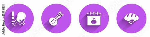 Set No chicken leg, Onion, World Vegetarian day and Vegan bread loaf icon with long shadow. Vector