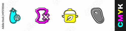 Set Eggplant, No leather, Vegan food diet and Steak meat icon. Vector