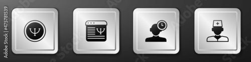 Set Psychology, Online psychological counseling, Insomnia and Male doctor icon. Silver square button. Vector