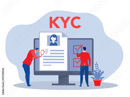 KYC or know your customer with business verifying the identity of its clients concept at the partners-to-be through a magnifying glass vector illustrator