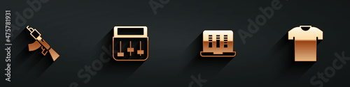 Set Submachine gun, Drum music, Sound or audio recorder and T-shirt icon with long shadow. Vector