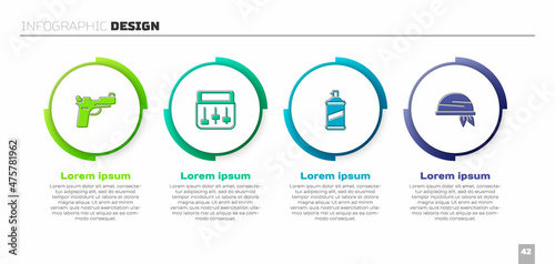 Set Pistol or gun, Drum machine music, Paint spray can and Bandana. Business infographic template. Vector