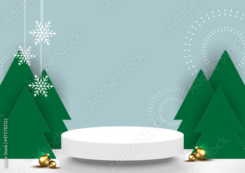 Christmas and new year 3D scene.Stage podium decor with Christmas tree, ball, snowflakes. Pedestal scene with for product display on light blue background. Backdrops for festive. Vector illustration.