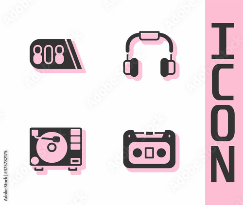 Set Retro audio cassette tape, Drum machine music, Vinyl player with vinyl disk and Headphones icon. Vector