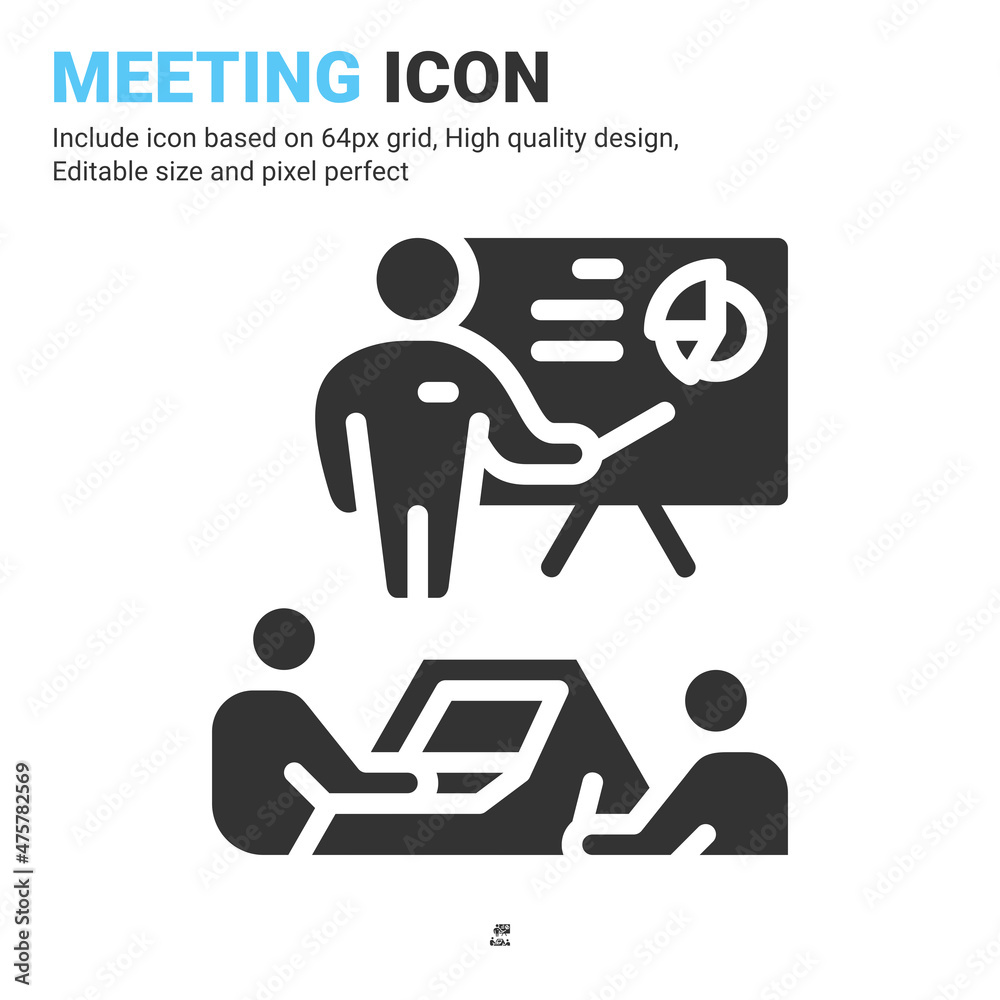 Meeting icon vector with glyph style isolated on white background. Vector illustration presentation sign symbol icon concept for business, finance, industry, company, apps, web and all project Meeting icon vector with glyph style isolated on white background. Vector illustration presentation sign symbol icon concept for business, finance, industry, company, apps, web and all project
