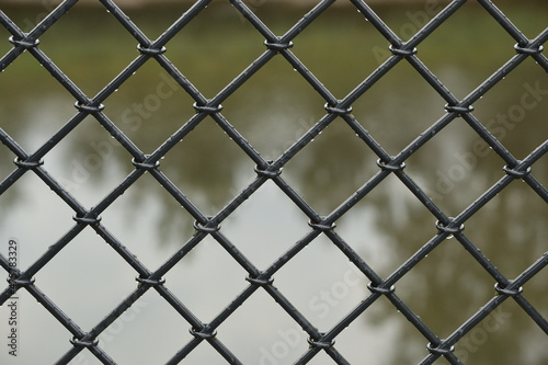 Drops of water on a metal fence