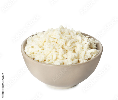 Bowl with delicious mozzarella cheese on white background