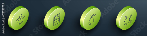 Set Isometric line Camping hat, Photo frame, Pear and Fruit icon. Vector