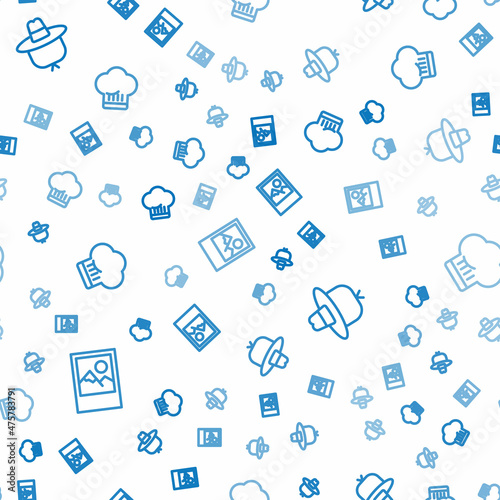 Set line Photo frame, Camping hat and Chef on seamless pattern. Vector