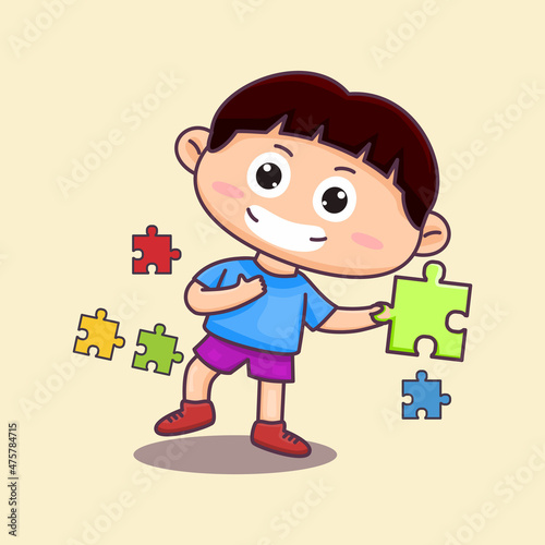 Autism awareness illustration, cute kid playing puzzle with happy smile © Sayyid96