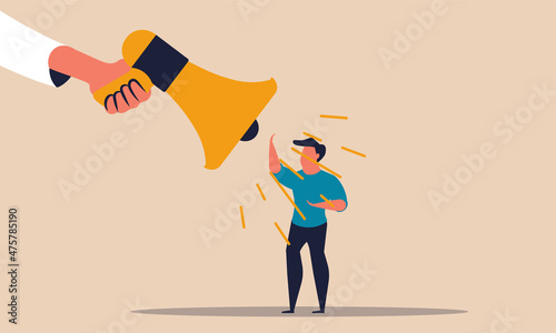 Marketing conversations of people about the news. Confidence story in the word of the customer and feedback in business. A man stands and listens to a large loudspeaker vector illustration concept.