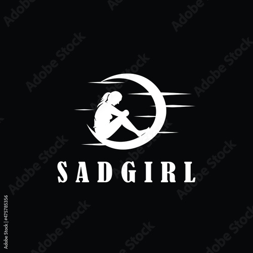 sad girl sitting in the crescent moon logo design vector illustration