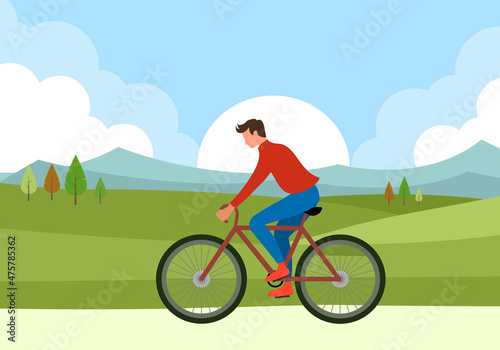 Young man riding bicycle at countryside in the morning in flat design.  © Orapun