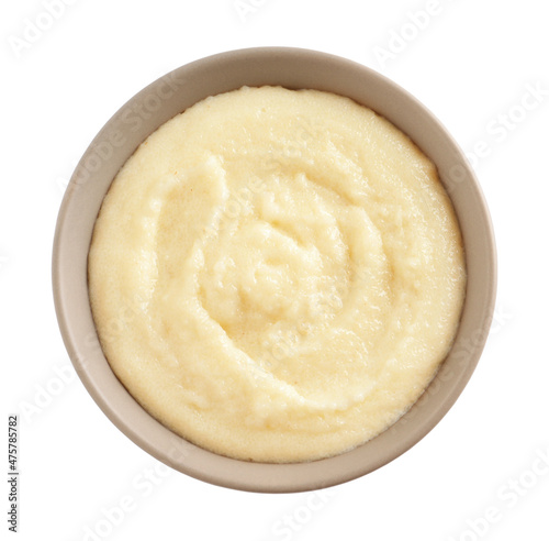 Fototapeta Naklejka Na Ścianę i Meble -  Bowl with delicious semolina pudding on white background, top view