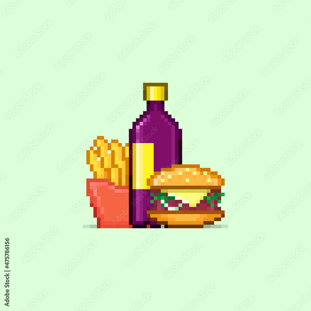 colorful simple vector pixel art illustration of cartoon bottle of drink, burger and fries