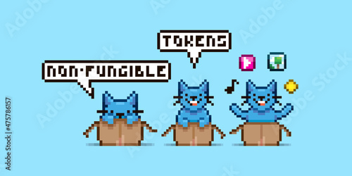 simple vector pixel art illustration of cartoon three cats in cardboard boxes with text about non-fungible tokens in speech bubbles