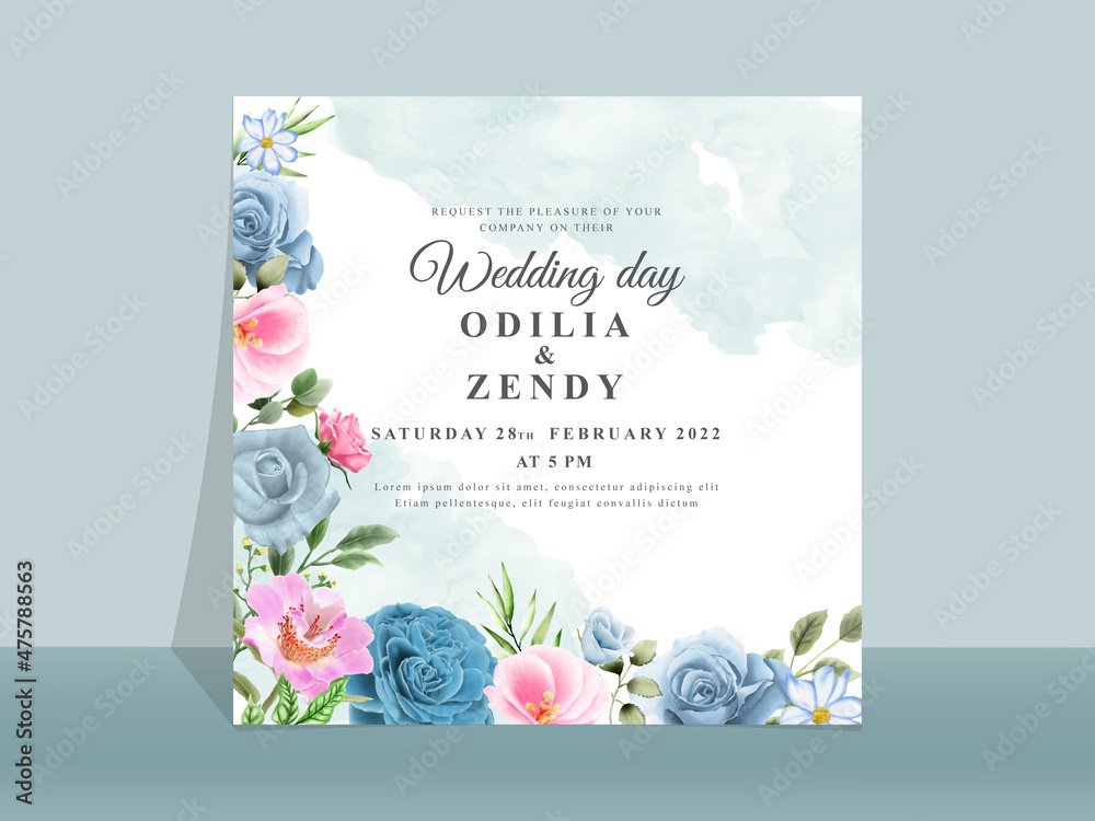 Beautiful blue and pink flowers wedding invitation card Stock Vector ...