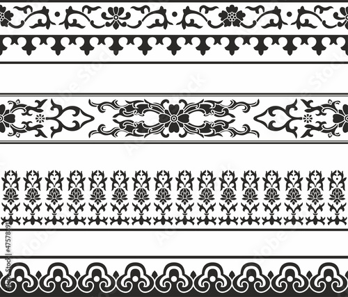 Vector set of seamless Chinese monochrome border ornaments. East asia peoples framework 