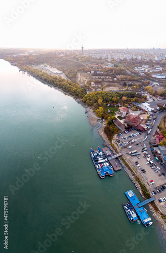 Fotografie Aerial shot of Galati cityscape, Romania, at Danube River