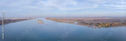 Fotografie Aerial shot of Galati cityscape, Romania, at Danube River