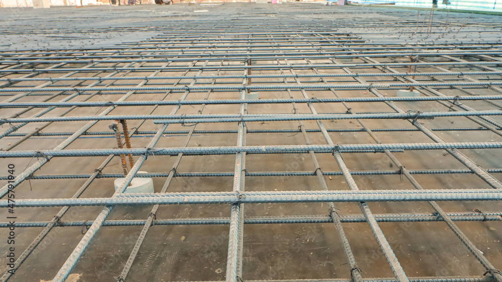 Fototapeta premium Reinforcement Steel Rod and Deformed bar with rebar at construction site.