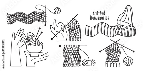 Knitted accessories, knitting patterns, knitted fabric, scarf, hat. Vector icons, logos, icons, design elements.