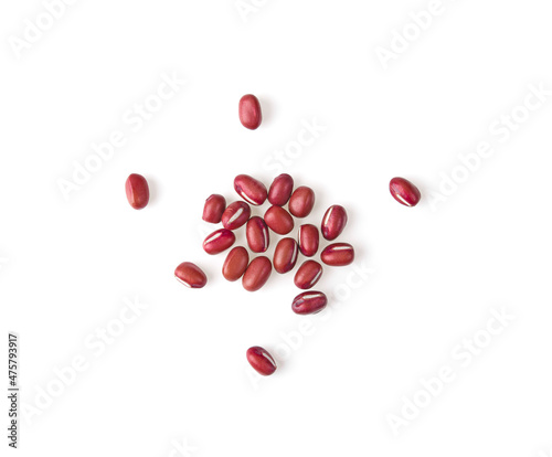 Red Azuki beans ( Adzuki or japanese red bean ) isolated on white background. Top view.