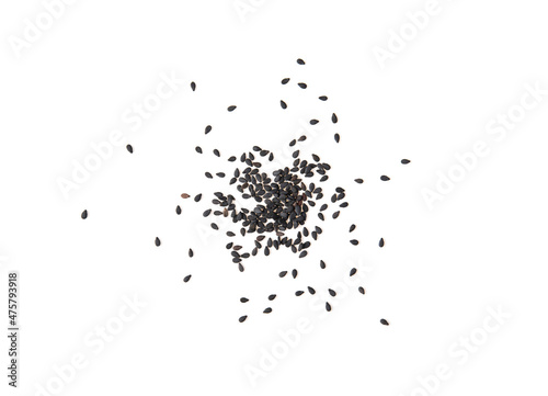 Black sesame seeds isolated on white background top view.