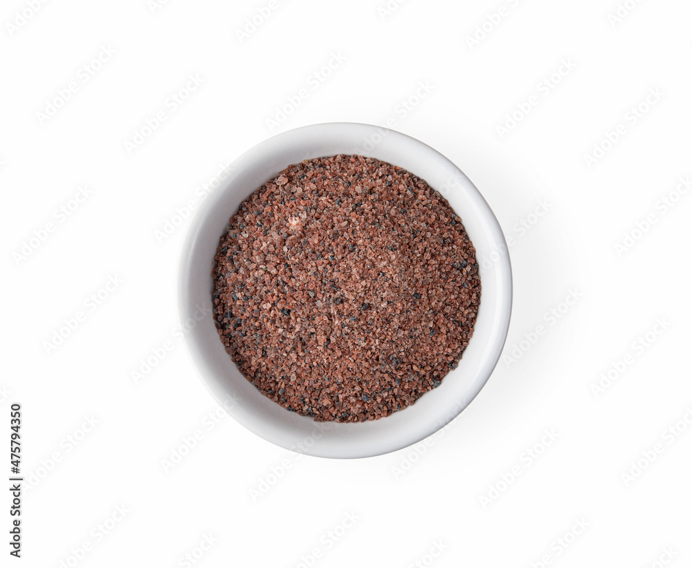 Himalayan salt in bowl on white background. Top view Himalayan salt in bowl on white background. Top view