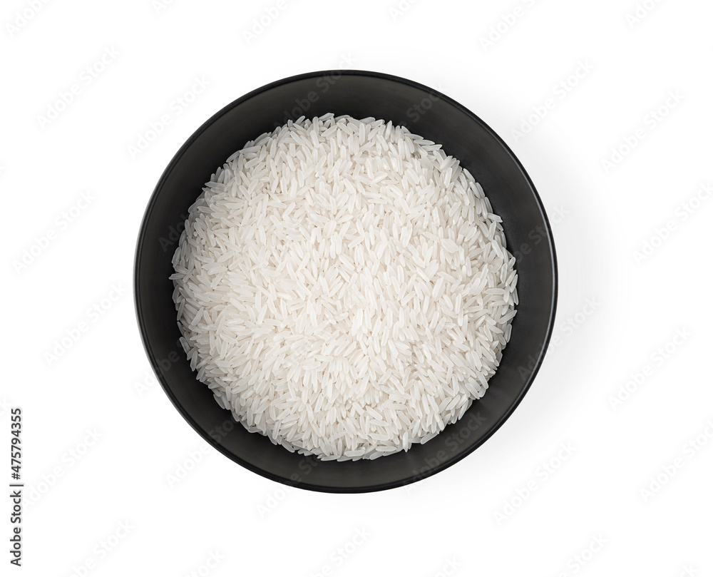 Raw dry rice in bowl isolated on white background, top view. Raw dry rice in bowl isolated on white background, top view.