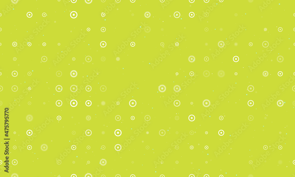 Seamless background pattern of evenly spaced white astrological sun symbols of different sizes and opacity. Vector illustration on lime background with stars
