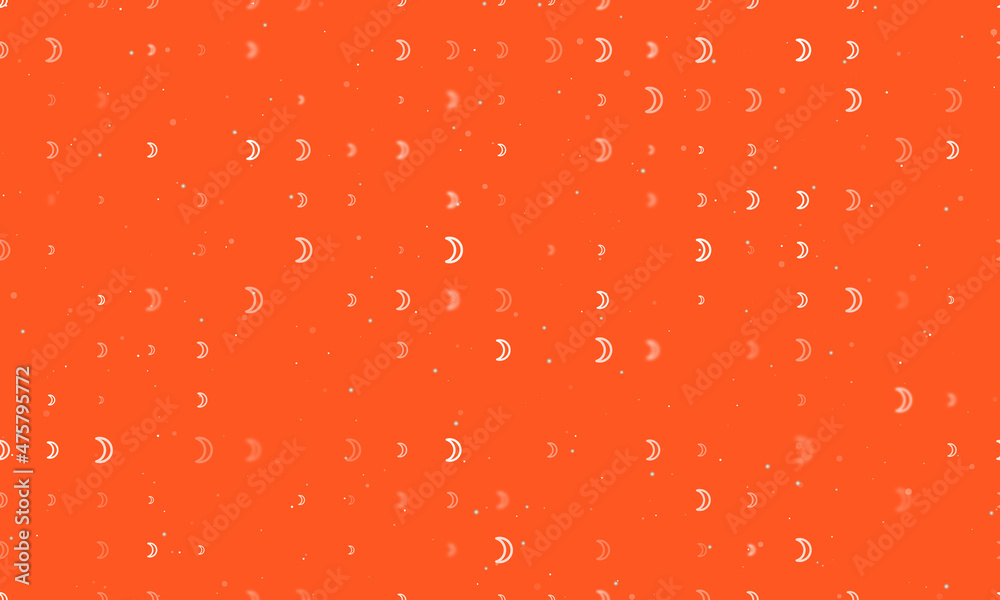 Seamless background pattern of evenly spaced white moon astrological symbols of different sizes and opacity. Vector illustration on deep orange background with stars