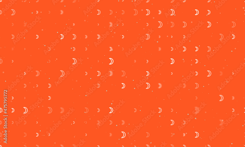 Seamless background pattern of evenly spaced white moon astrological symbols of different sizes and opacity. Vector illustration on deep orange background with stars Seamless background pattern of evenly spaced white moon astrological symbols of different sizes and opacity. Vector illustration on deep orange background with stars