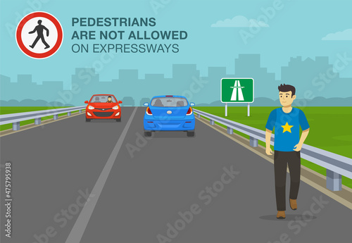 Traffic rules on highway, speedway, motorway. Male character ignoring road or traffic rule and walking on expressway. No pedestrians are allowed on motorway. Flat vector illustration template.